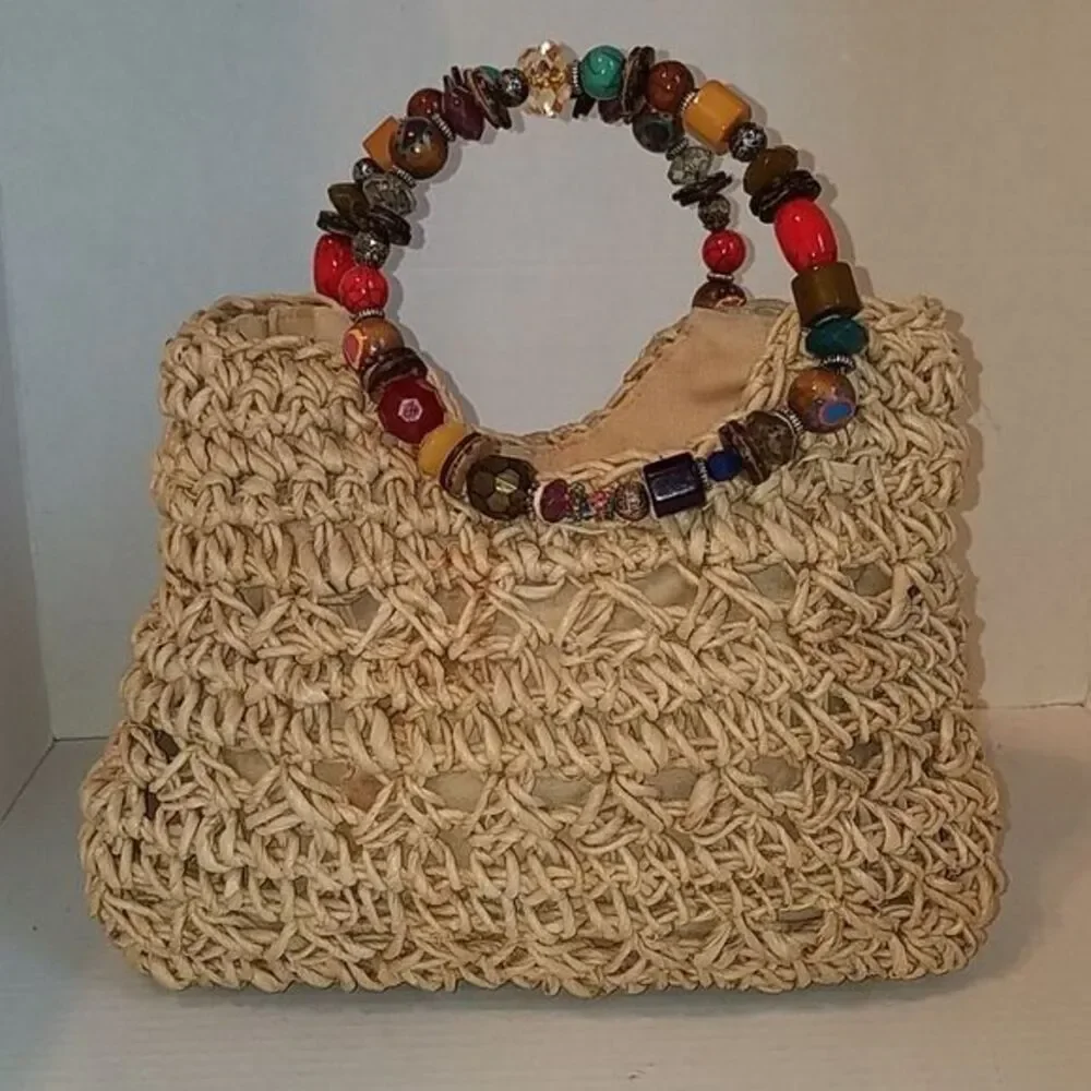 Cappelli BEADED Straw Bag WEAVE Purse Satchel Tote Handbag GEMS WOMAN'S WOMEN'S